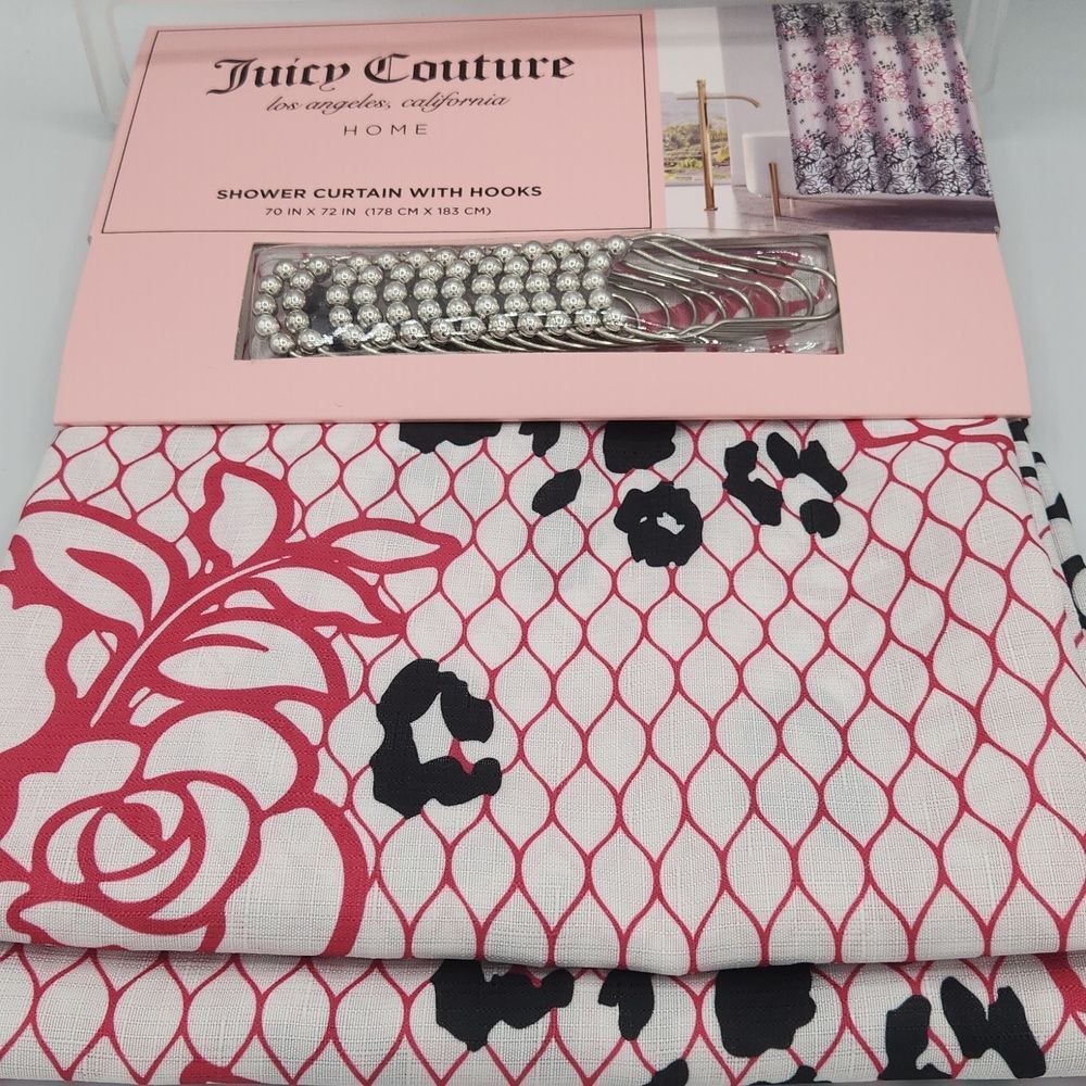 NWT JUICY COUTURE SHOWER CURTAIN WIT HOOKS 70 X 72 LOGO Pink black And White
